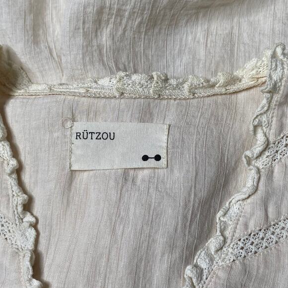 Rutzou Lace Tie Front Blouse Cream Beige Medium Cardigan Ruffle Dainty Cottage - Picture 7 of 8